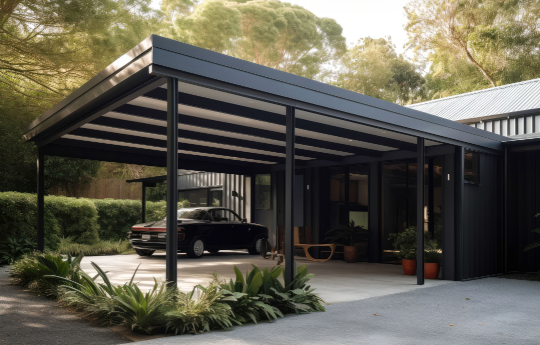 A modern home with a car parked under a covered porch, featuring carport patio covers