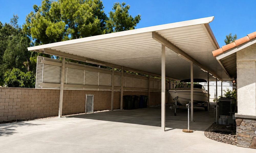 Solid aluminum RV and boat carport cover installed in Riverside, CA by Elite Patios