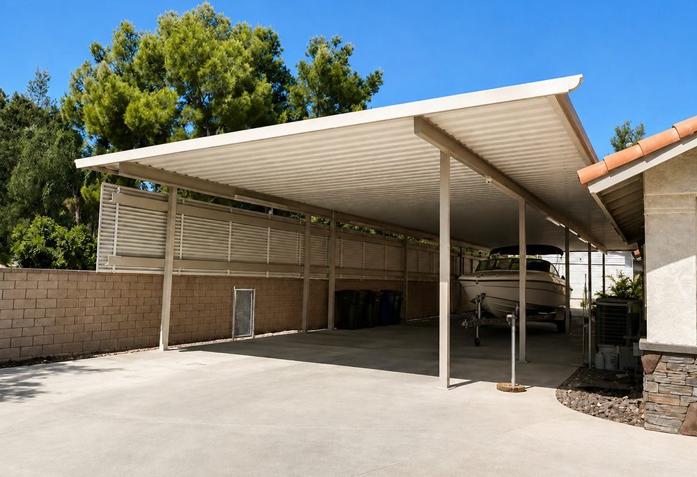 Solid aluminum RV and boat carport cover installed in Riverside, CA by Elite Patios