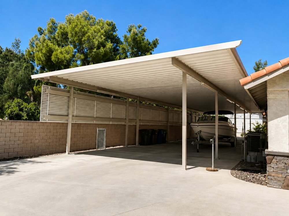 Solid aluminum RV and boat carport cover installed in Riverside, CA by Elite Patios