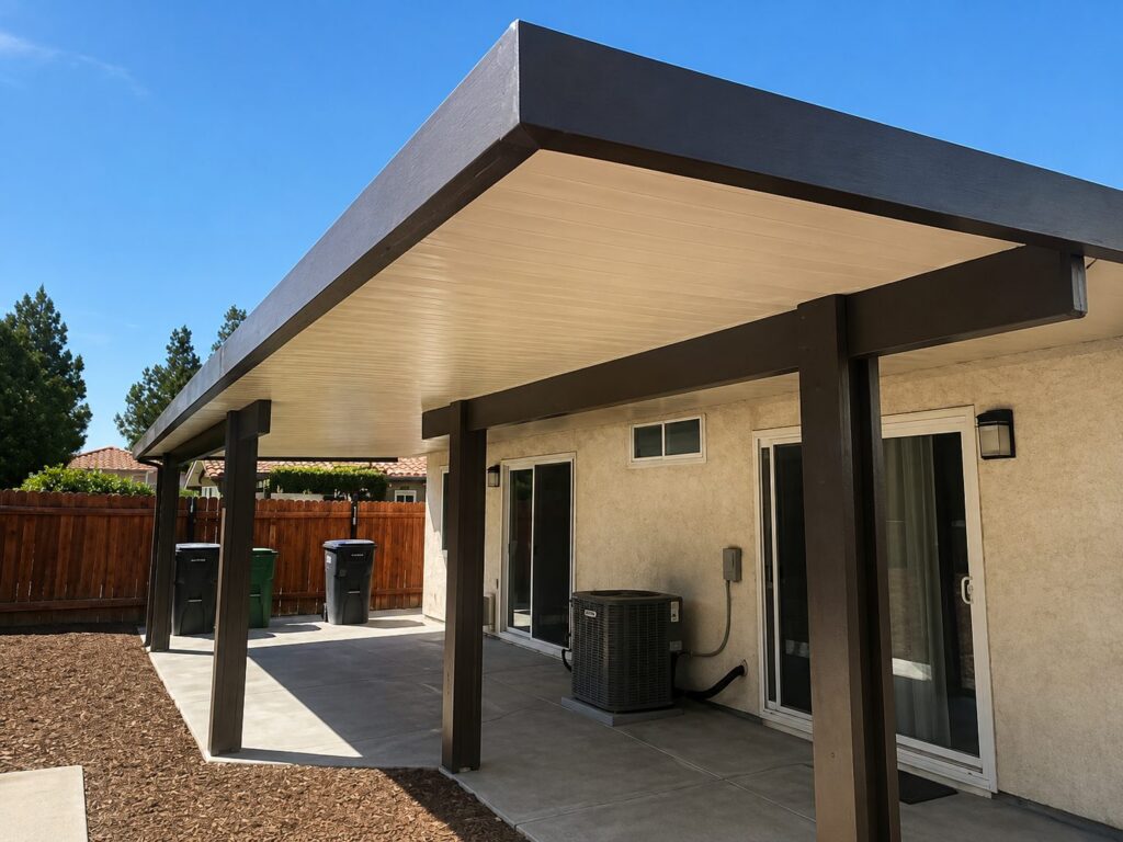 Solid aluminum patio cover installed in Murrieta, CA by Elite Patios