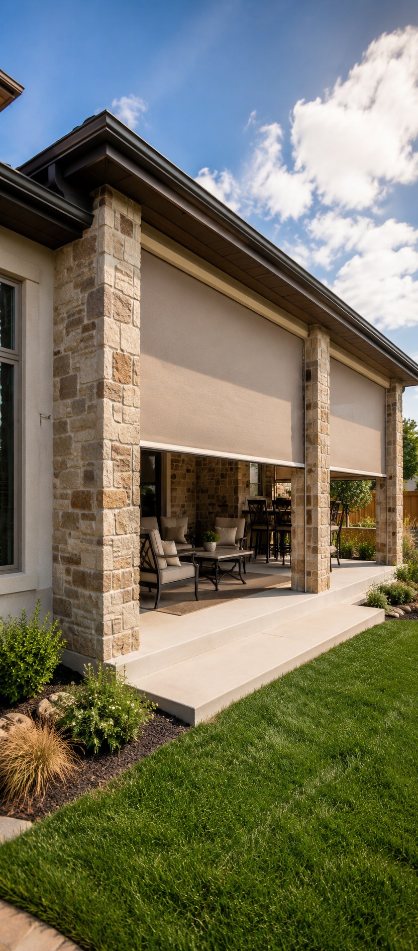 Beige drop-down patio shades on an Elite Patios cover with stone columns