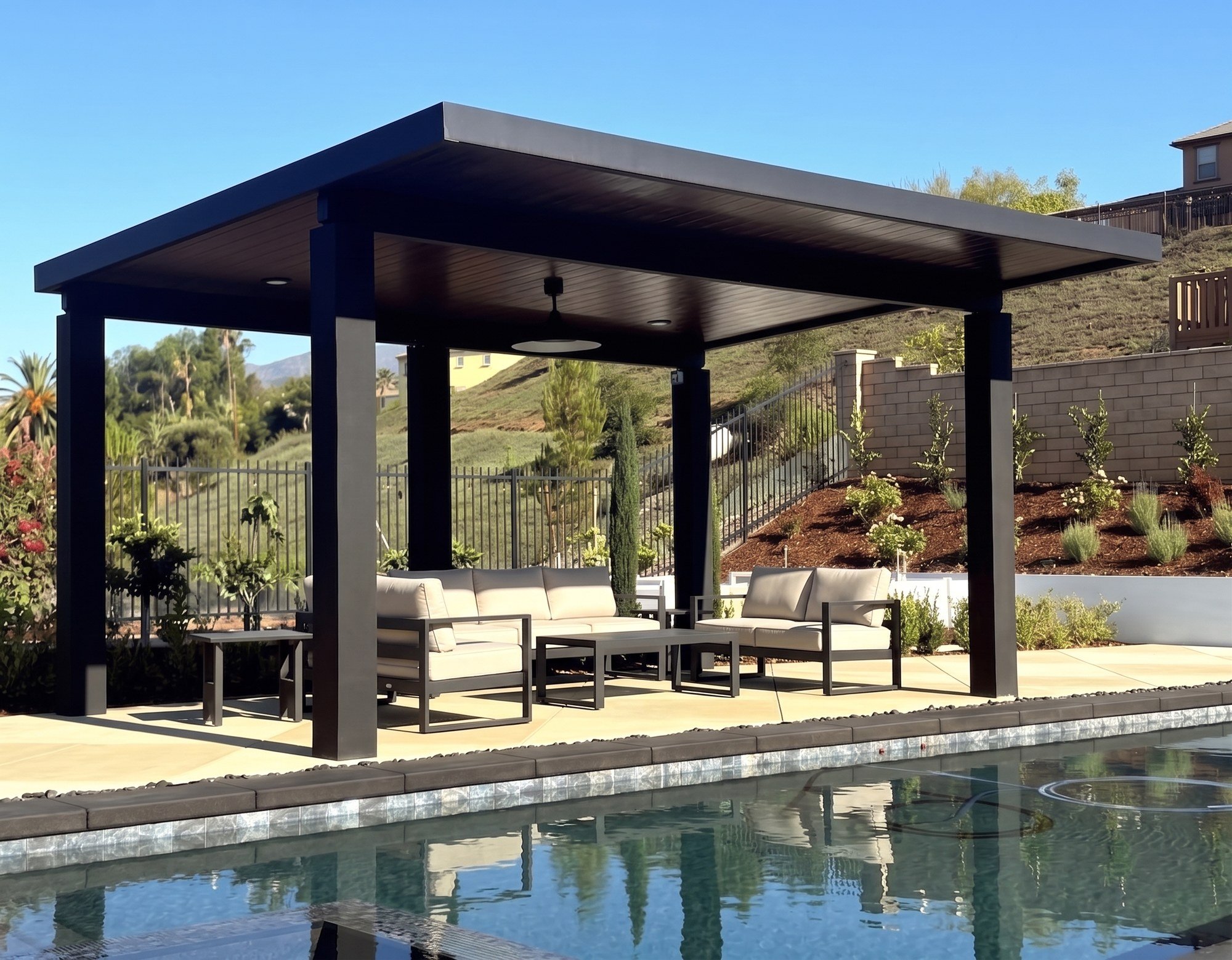 Dark frame and roof on a freestanding cover in full sun