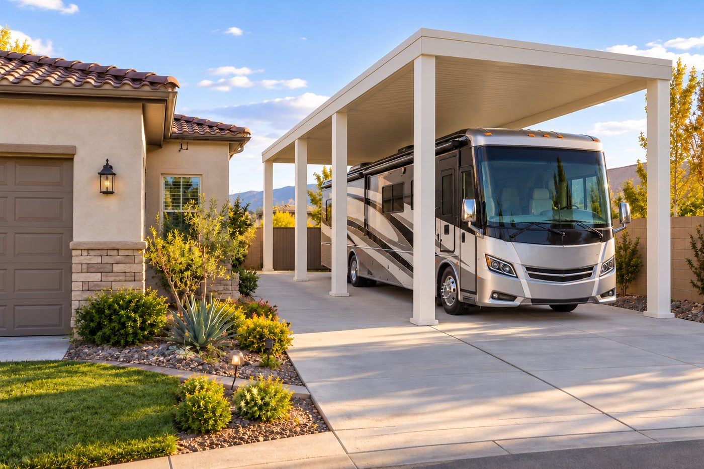 Aluminum RV cover beside a stucco home and garage, sheltering a motorhome at the end of a concrete driveway