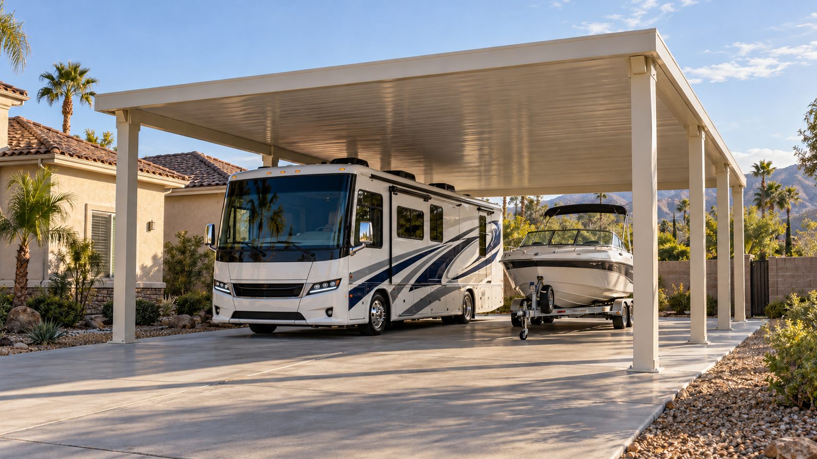 Freestanding white aluminum RV cover sheltering a Class A motorhome and a trailered boat side by side on a concrete pad beside a stucco home