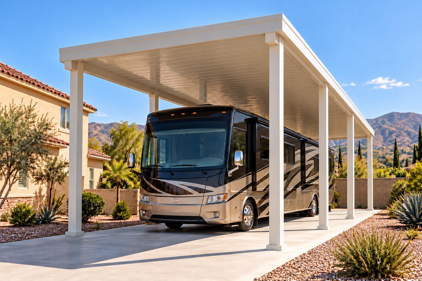 Freestanding white aluminum RV cover on steel posts sheltering a Class A motorhome on a concrete pad, with desert landscaping and hills behind