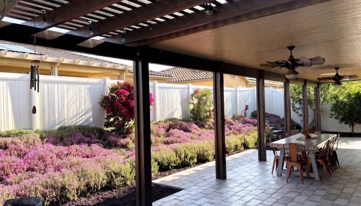 Open lattice cover built beside a solid aluminum roof at a Western Riverside County home.